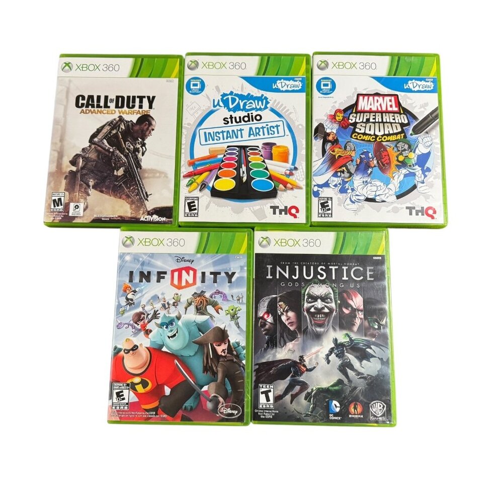 Lot of 5 Xbox 360 Games Call of Duty Injustice Infinity uDraw Studio Superhero
